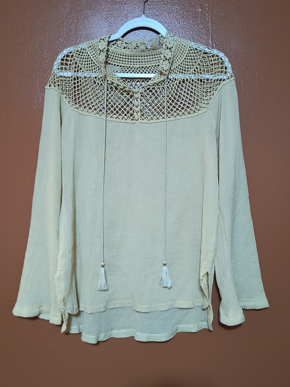 Free People Pale Yellow Crochet Yoke Peasant Blouse